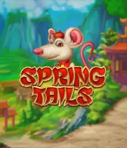 An enchanting illustration of a white rat dressed in traditional Chinese attire standing in a picturesque mountain backdrop. The image promotes the Spring Tails Slot by Betsoft, highlighted with prominent red and gold logo lettering.